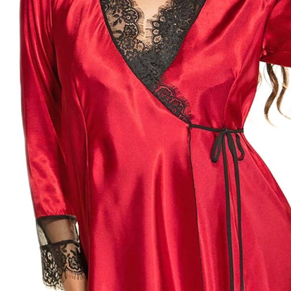 Plus Size Red Robe Mid Length Satin and Eyelash Lace with Long Sleeves 1x 2x - Picture 7 of 8